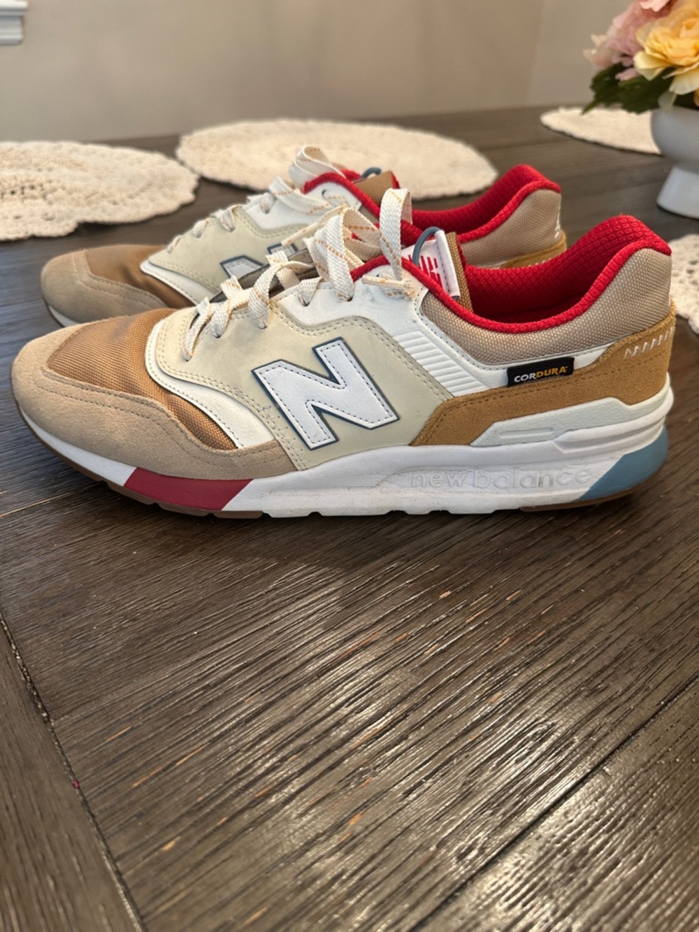 New Balance Men's Sneakers in Tan, Beige & Red Accent - Picture 2 of 6